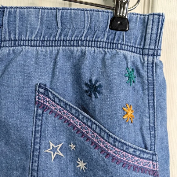 Johnny Was Lyonne Pull On Shorts Large Chambray Embroidered Floral Birds Boho